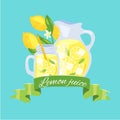 Lemon juice, fresh lemonade with lemons fruit slices in glass jar and green banner vector illustration. Royalty Free Stock Photo