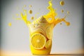 Lemon juice glass. Juice splashes. Refreshig fruits concept. Liquid fruits. Generative AI