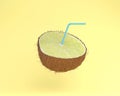 Lemon juice, Lime slice with Straws in coconut on pastel yellow Royalty Free Stock Photo