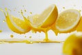 Lemon juice splash and droplets, fresh and vibrant, white background.