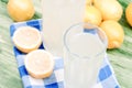 lemon juice and typical yellow sliced lemon on a green chalkboard Royalty Free Stock Photo