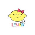 Lemon kawaii Cute Print on Children`s t-Shirt. Vector Happy Cute Fruit and slogan GIRL LEMON.