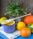 Lemon Kurd and citrus on the table. soft focus