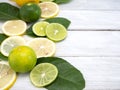 Lemon with leaves on white wooden Royalty Free Stock Photo