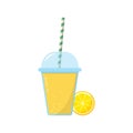Lemon Lemonade in Glass with Cap and Straw Illustration. Slice of Lemon with Fresh Juice on White Background. Ice Fruit Royalty Free Stock Photo
