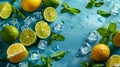 A lemon, lime and mint leaves on a blue background Royalty Free Stock Photo