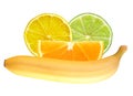 Lemon, lime, orange slices and banana isolated on white Royalty Free Stock Photo