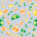 Lemon, lime and orange slices seamless pattern. Yellow, green and orange colors. Summer bright colors, juicy fresh background Royalty Free Stock Photo