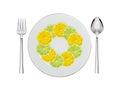 Lemon and lime slices plate, spoon and fork isolated on white
