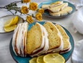 Lemon loaf sliced closeup. Homemade delicious desert