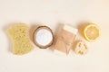 Lemon, luffa, soap and baking soda for house keeping Royalty Free Stock Photo