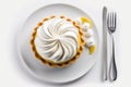 Lemon Meringue Pie On Plate, White Background. Generative AI