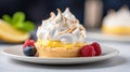 Lemon meringue pie on a white plate, AI Royalty Free Stock Photo