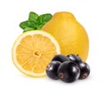 Lemon, mint leaves and blackcurrant, isolated on a white background.