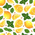 Lemon and mint leaves seamless watercolor pattern. Fresh garden citrus whole, half, slice. Exotic dessert with juicy pulp, seeds Royalty Free Stock Photo