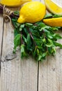 Lemon and mint on wooden table. Ingredients for lemonade and cocktails Royalty Free Stock Photo