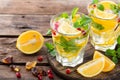 Lemon mojito cocktail with mint and pomegranate