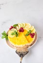 Lemon mousse vanilla cheesecake with lemon curd decorated by lemon and lime slices, frozen raspberry and mint. Royalty Free Stock Photo