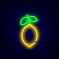 Lemon neon icon. Summer signboard. Tropical citrus. Healthy food concept. Fruit shop sign. Vector stock illustration