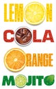 Lemon, orange, mojito, cola text with water drops