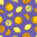 Lemon and orange seamless on violet background.