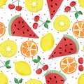 Lemon orange watermelon cherry and kiwi slices seamless vector pattern. Abstract hand painted summer fruits on a white Royalty Free Stock Photo