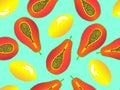 Lemon and papaya seamless pattern. Summer exotic fruit mix of papaya and lemon. Papaya with seeds. Design for banners, posters and