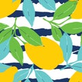 Lemon pattern. Seamless decorative background with yellow lemons and green leaves on black stripes grunge background. Royalty Free Stock Photo