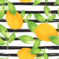 Lemon pattern. Seamless decorative background with yellow lemons and green leaves on black stripes grunge background. Royalty Free Stock Photo