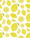 Lemon pattern, seamless vector texture with hand drawn yellow citrus. Fresh summer background.