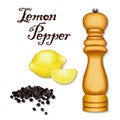 Lemon Pepper, Whole Black Peppercorns, Lemons, Wood Spice Mill Royalty Free Stock Photo