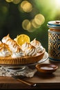 lemon pie with creamy garnish, blur background