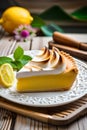 lemon pie with lemon creamy garnish, blur background, mint leaves