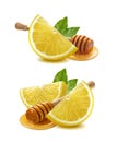 Lemon piece, honey dipper set on white