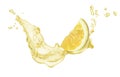 Lemon piece and splash of juice on white background