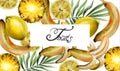 Lemon and pineapple pattern Vector watercolor. Tropic exotic fruits texture. Vintage fresh backgrounds