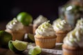 Lemon poppy seed cupcakes with cream cheese frosting and lemon and lime zest. ai generative Royalty Free Stock Photo