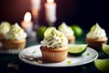 Lemon poppy seed cupcakes with cream cheese frosting and lemon and lime zest. ai generative Royalty Free Stock Photo