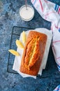 Lemon poppy seed pound cake on a wire rack. Blue stone background. Top view. Royalty Free Stock Photo