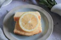 Lemon pound cake on vintage background. Close up slice of citrus pie by classic recipe. Royalty Free Stock Photo