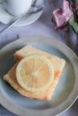 Lemon pound cake on vintage background. Close up slice of citrus pie by classic recipe. Royalty Free Stock Photo