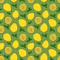 Lemon and a round slice on green striped Seamless pattern. Vector hand drawn illustration. Surface yellow color