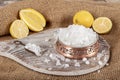 Lemon salt or Citric acid on wood background. Citric acid or lemon salt in wooden bowl. Lemon salt for cooking on wooden Royalty Free Stock Photo