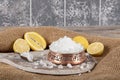 Lemon salt or Citric acid on wood background. Citric acid or lemon salt in wooden bowl. Lemon salt for cooking on wooden Royalty Free Stock Photo