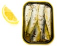 Lemon and sardines isolated on a white background. Set of lemon and canned sardines.