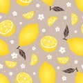 Lemon seamless pattern on beige background. Vector illustration