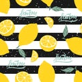Lemon seamless pattern with lettering on black and white stripes. Vector illustration.