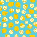 Lemon seamless pattern. Whole lemons, halves, slices and leaves isolated on white background. Royalty Free Stock Photo