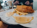 Lemon served with fish and chips at the Koffie Lake cafe. Royalty Free Stock Photo
