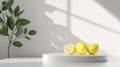 Lemon setup on white table empty podium center for beverage skincare or culinary display front view